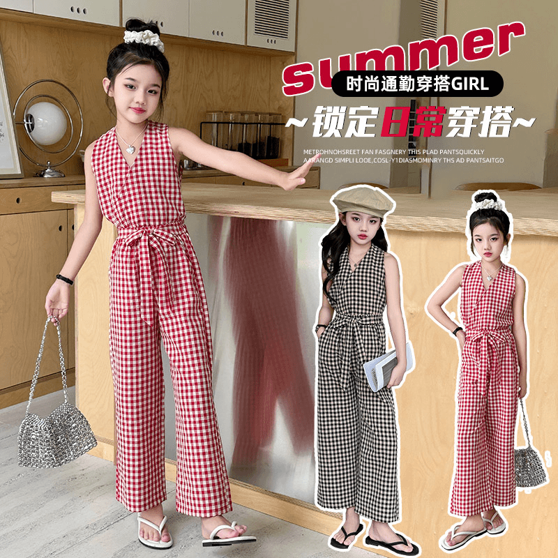 女童夏季时尚2024新款洋气短袖日常中大童格子宽松女孩阔腿裤套装