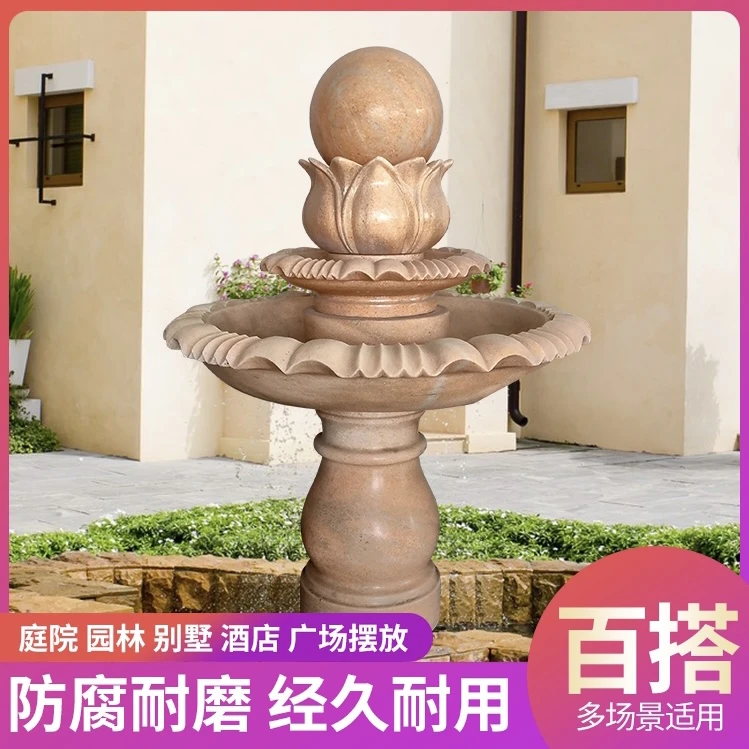 石雕喷泉风水球流水喷泉多层装饰小型流水摆件手工高档中式工艺品