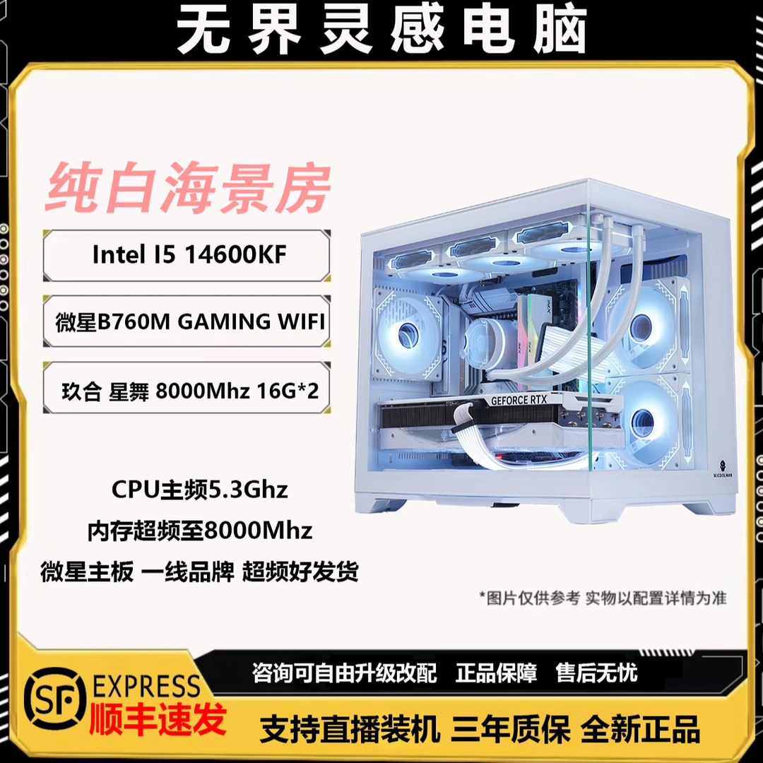 【双十一爆款】14600KF超频无显卡主机电脑台式机diy纯白水冷海景房