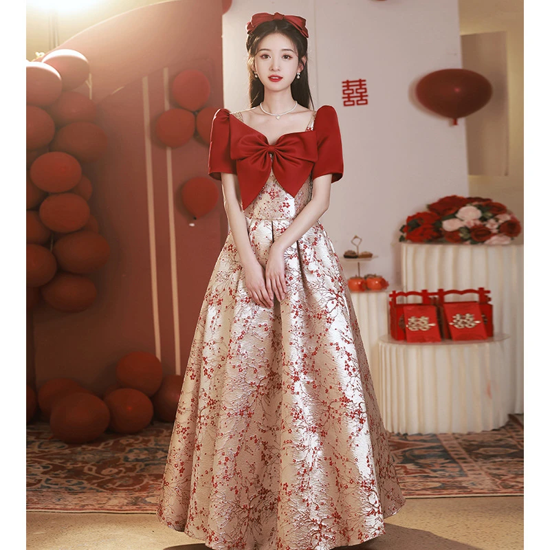 法式在逃公主蝴蝶结敬酒服新娘酒红色订婚晚礼服结婚大码显瘦新款
