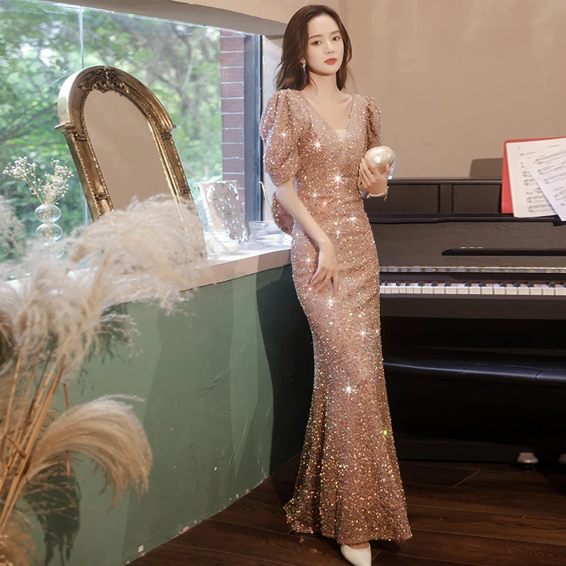 亮片鱼尾修身晚礼服宴会气质显瘦名媛主持礼服新娘订婚结婚敬酒服