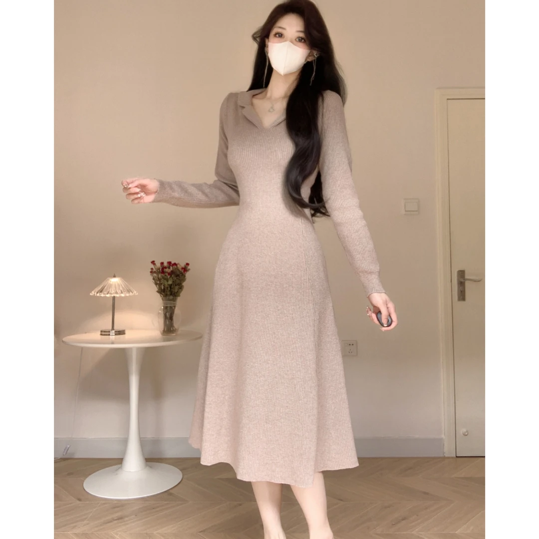 秋冬新品针织连衣裙厚实长款打底西装领显瘦气质毛衣内搭A字裙