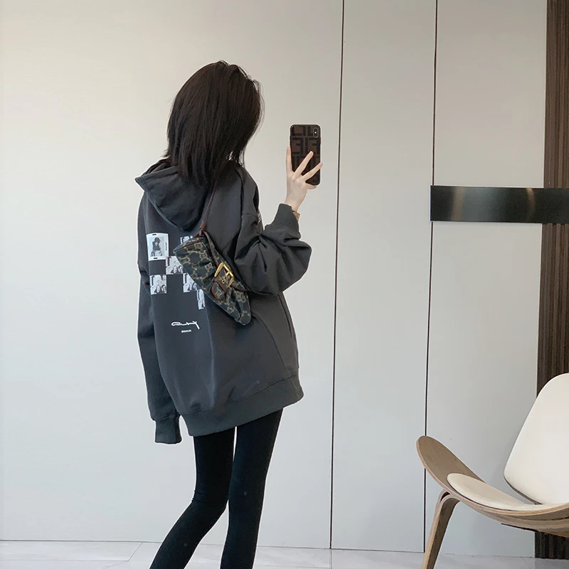 加绒加厚连帽卫衣女秋冬季2024新款中长款慵懒风oversize高档外套