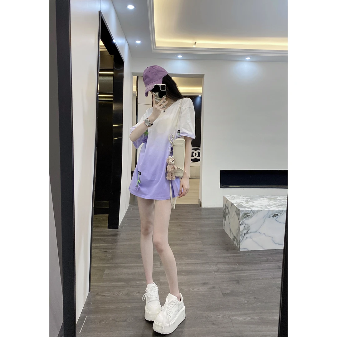 紫色短袖t恤女夏季吊饰花设计感小众独特潮牌多巴胺穿搭上衣