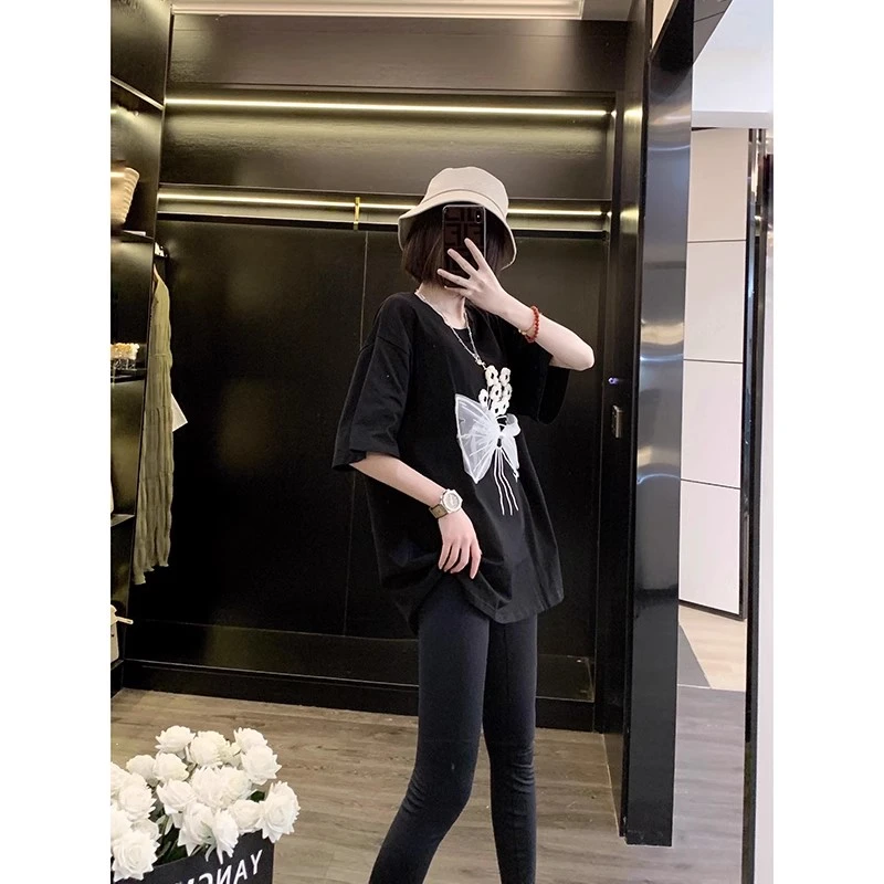 黑色短袖t恤女夏季下衣半身失踪网纱蝴蝶欧货大版洋气中长款体恤