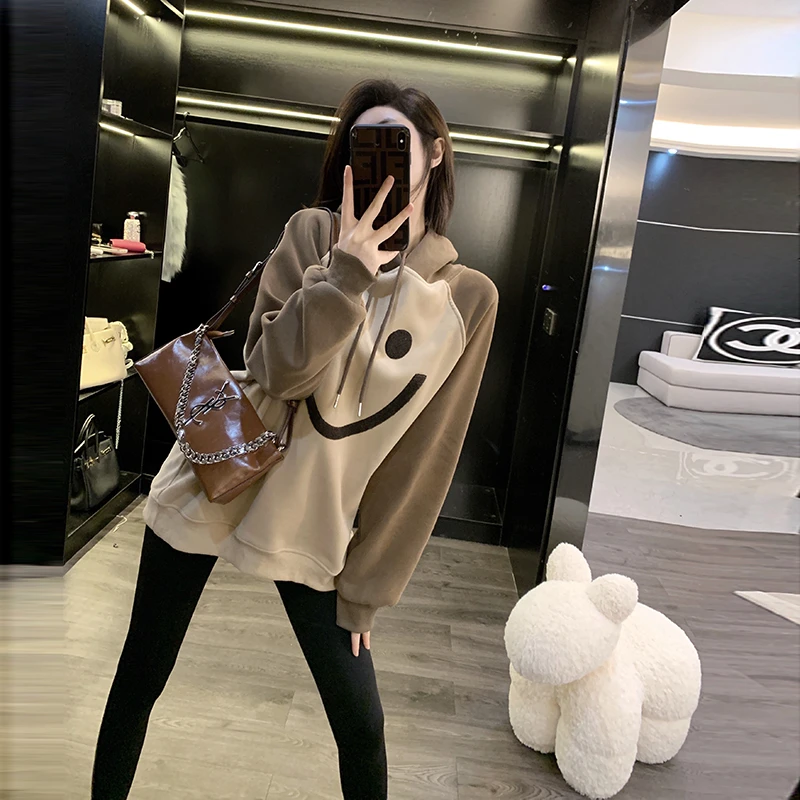 加绒加厚连帽卫衣女秋冬季2024新款中长款慵懒风oversize高档外套