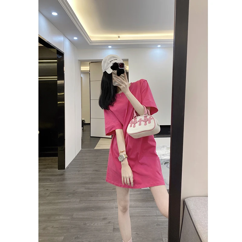 玫红色t恤连衣裙子女夏季2025新款高端精致大牌纯棉宽松简约短裙
