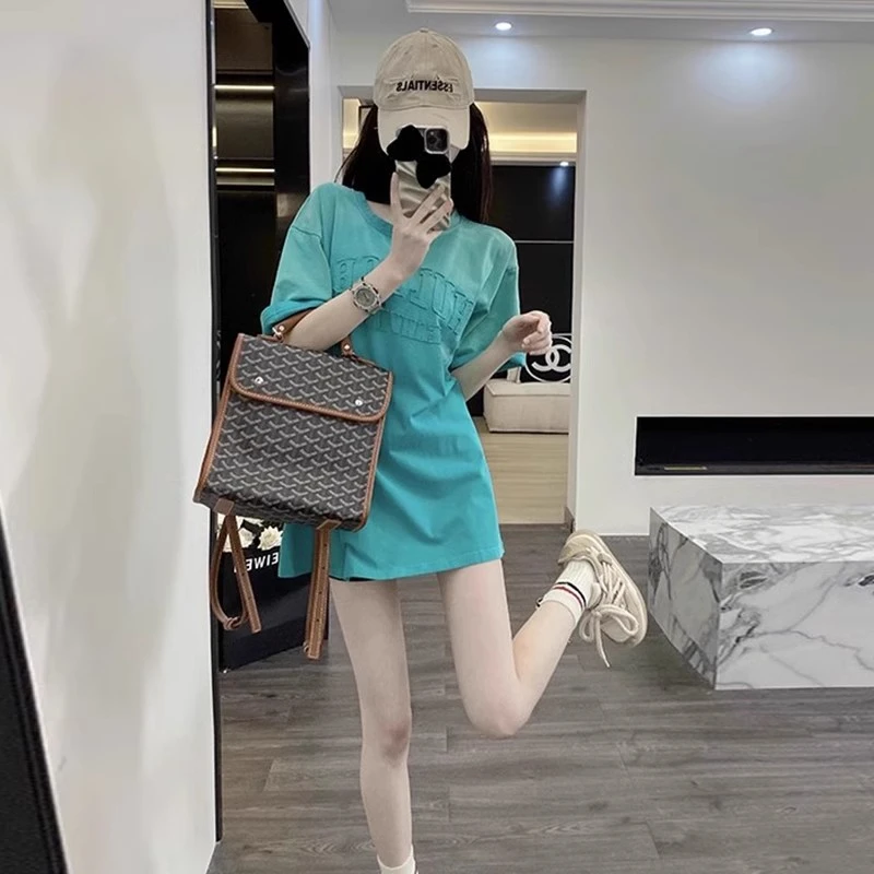 湖蓝色短袖t恤女夏季痞帅炸街风流行时尚潮牌小众女装洋气衣服女
