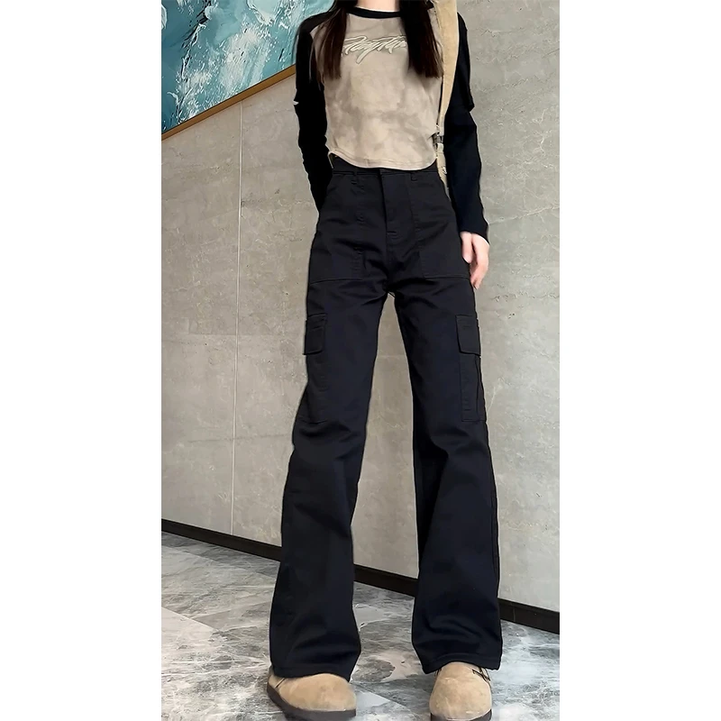 黑色加绒工装裤子女秋冬季加厚2024新款美式复古女士休闲阔腿长裤