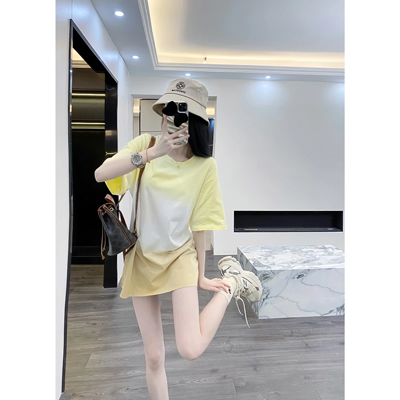渐变黄色短袖t恤女夏日多巴胺穿搭洋气减龄中长款显瘦别致上衣