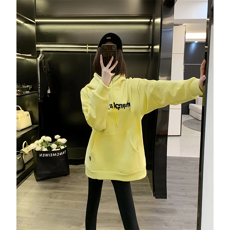 黄色连帽卫衣女春秋季2024新款爆款遮屁股显瘦早初秋潮牌外套帽衫