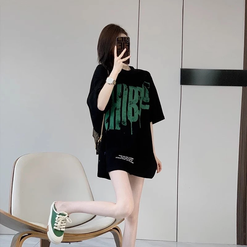 黑色短袖t恤女夏季2025新款爆款复古宽松显瘦半袖不撞衫漂亮上衣