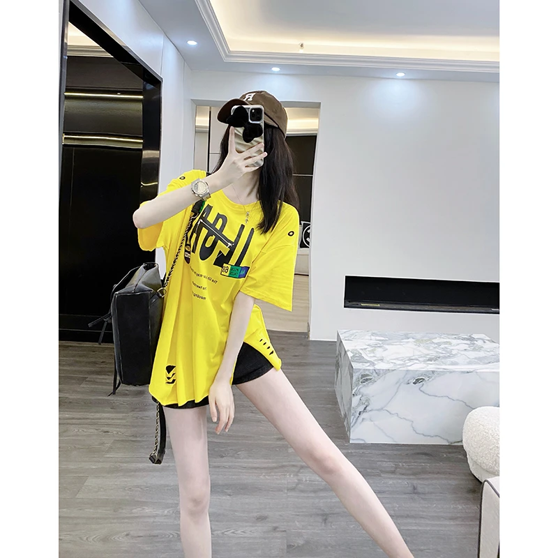黄色短袖t恤女夏季宽松2025新款欧货洋气设计感小众女装别致上衣