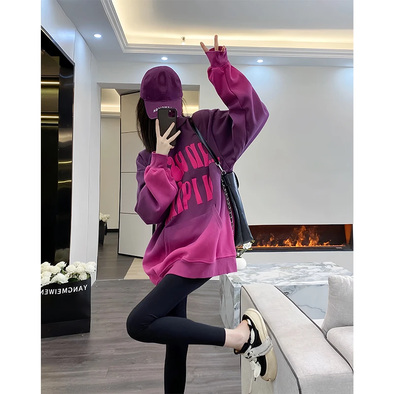 加绒紫色卫衣女秋冬季2024新款加厚洋气炸街小众独特别致外套帽衫