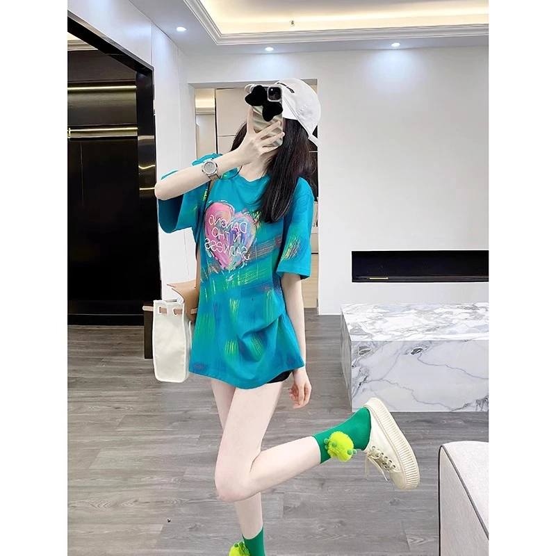 蓝色短袖t恤女夏季2025新款洋气减龄高级小众不撞衫多巴胺上衣