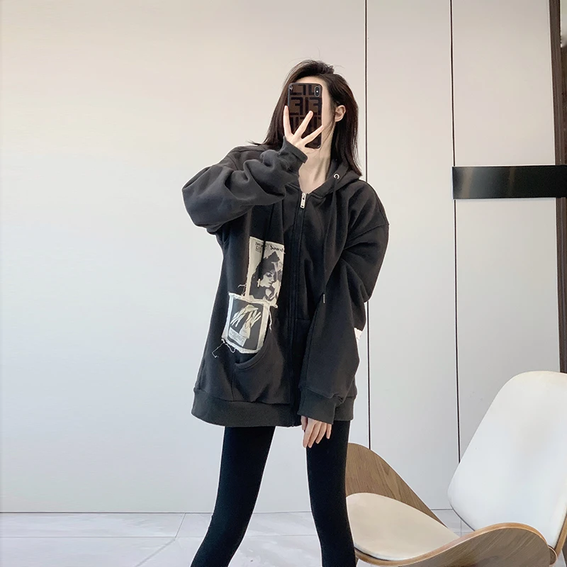 加绒加厚开衫卫衣女秋冬季2024新款中长款慵懒风oversize高档外套