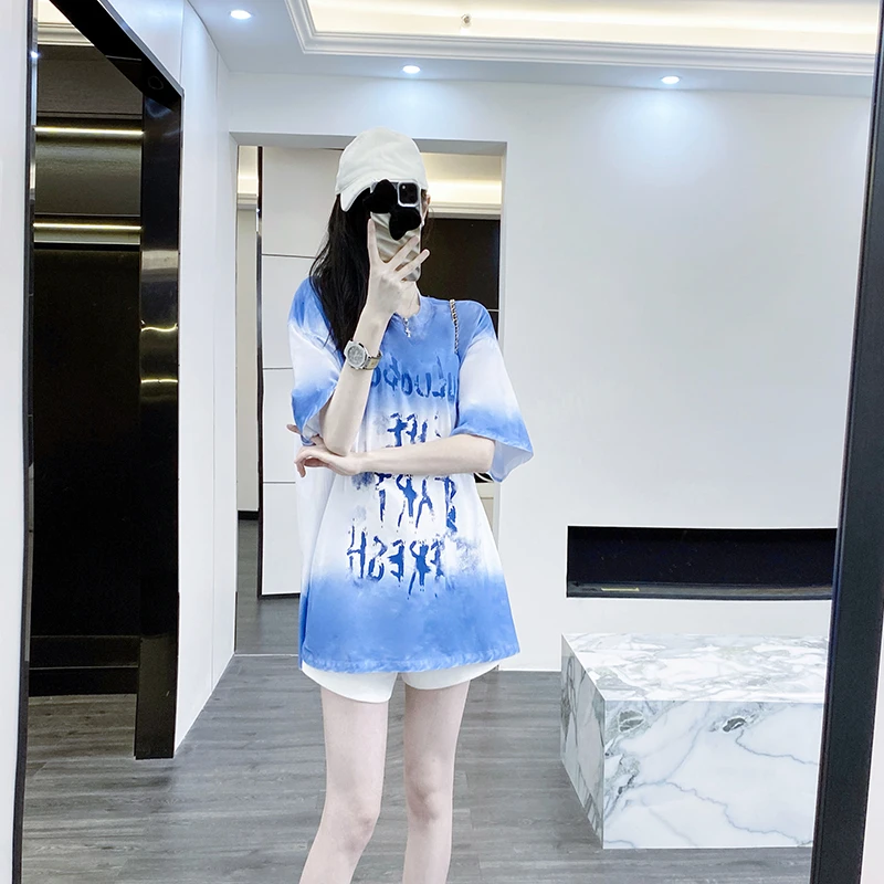 蓝色短袖t恤女夏季2025新款炸街洋气高级小众不撞衫独特漂亮上衣