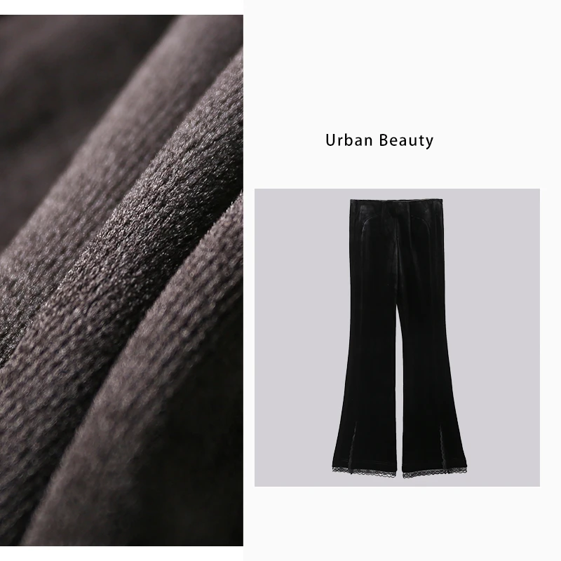 丝绒中高腰开叉蕾丝边微喇叭裤时尚休闲女士黑色外穿显瘦DF7055