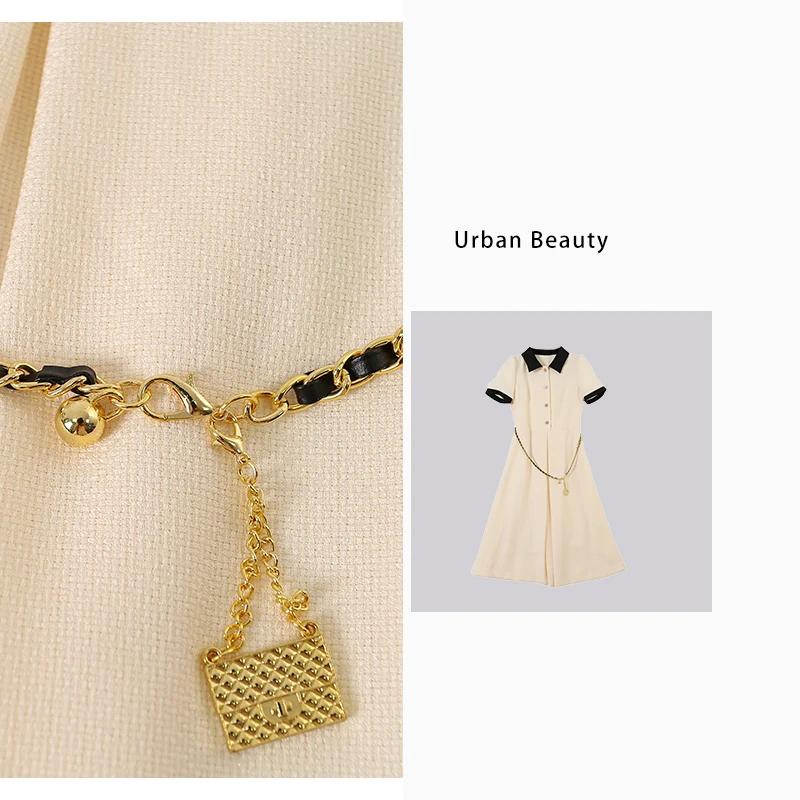 夏季法试轻奢气质时尚撞色女装百褶垂感连衣裙显瘦休闲翻领DF0618