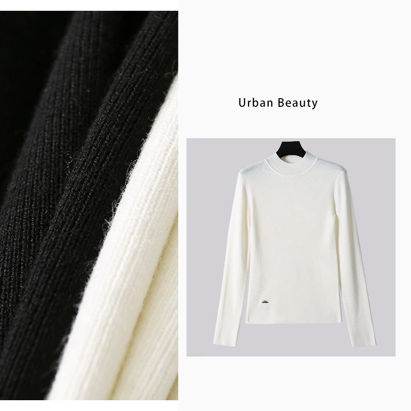 小蜜蜂刺绣长衫半高领修身针织上衣纯色秋冬保暖百搭女士DF6960