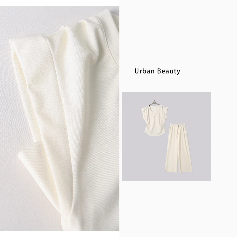 夏季薄款白色坎肩褶皱遮肉春秋宽松显瘦套装裤高腰休闲裤DF5480