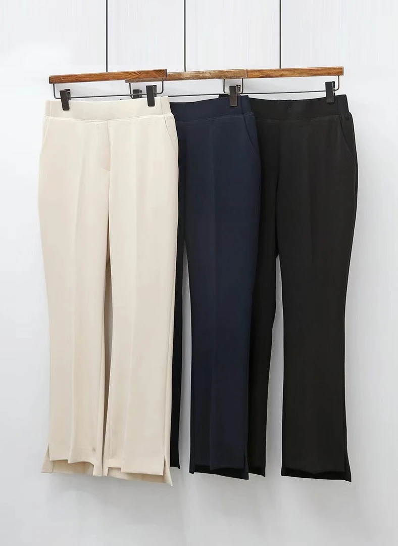 彥竹韩国正品微喇裤裤子西裤西装裤女裤开叉女士女款黑色喇叭