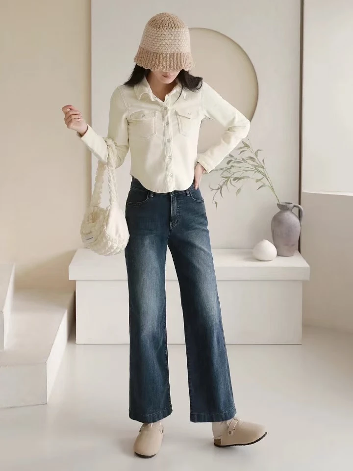 彦竹韩国正品加绒直筒牛仔裤高腰阔腿