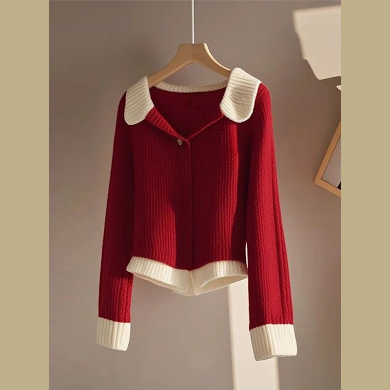 NUMEN BUTTON/灵扣翻领毛衣针织开衫女2024秋冬季新款高级感独