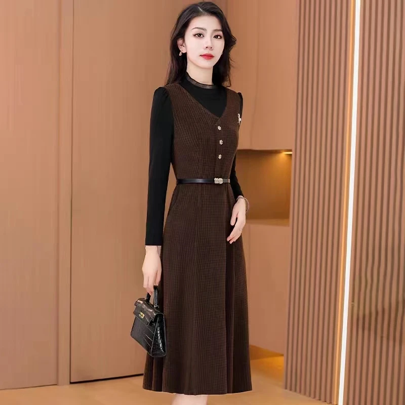 5029连衣裙收腰修身洋气裙子气质长袖针织时尚拼接打底裙秋冬5029