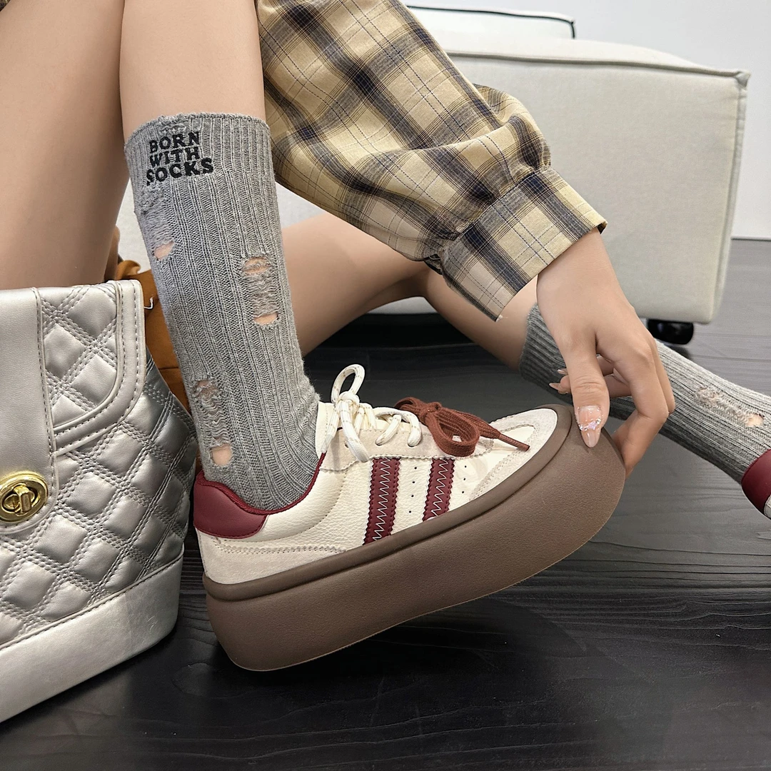 时尚复古美式女鞋秋季新款百搭厚底系带休闲韩版板潮鞋