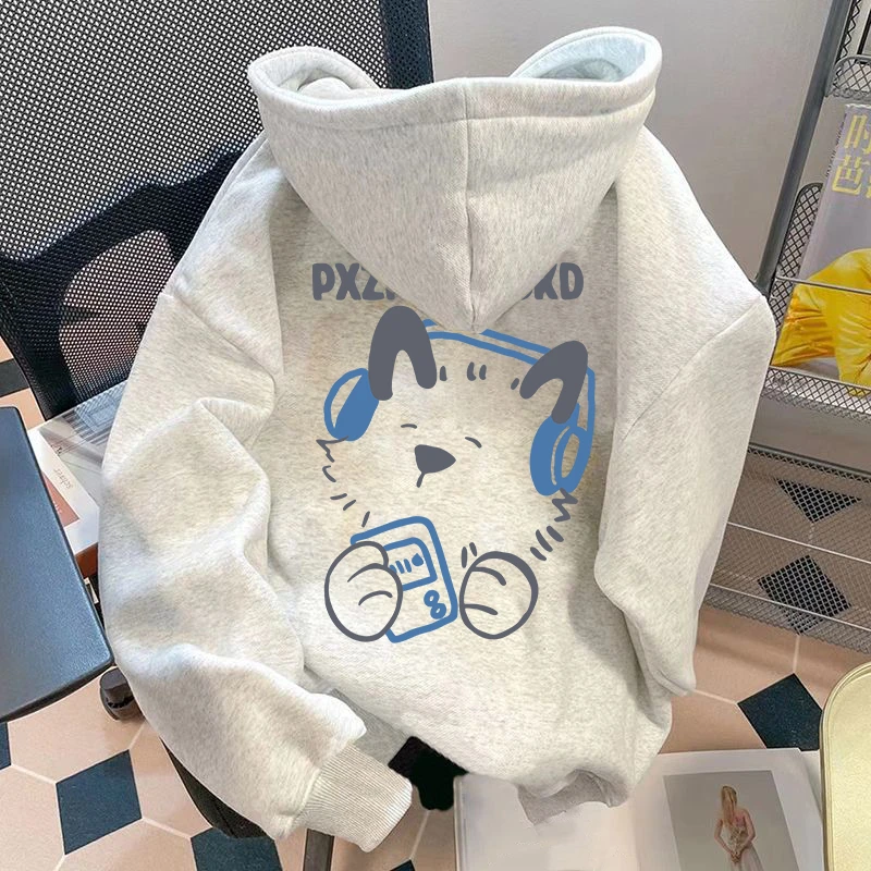 盐系卡通可爱猫咪印花连帽卫衣2024早秋季日系慵懒风情侣外搭上衣