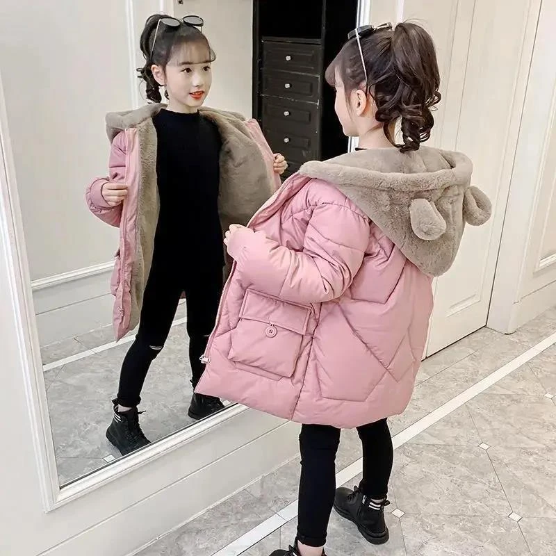 女童秋冬外套加绒棉服中长款可爱小熊棉衣洋气棉袄小女孩冬装