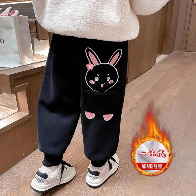 女童宽松洋气加绒休闲卫裤秋冬季宝宝外穿一体绒黑色裤子儿童冬装
