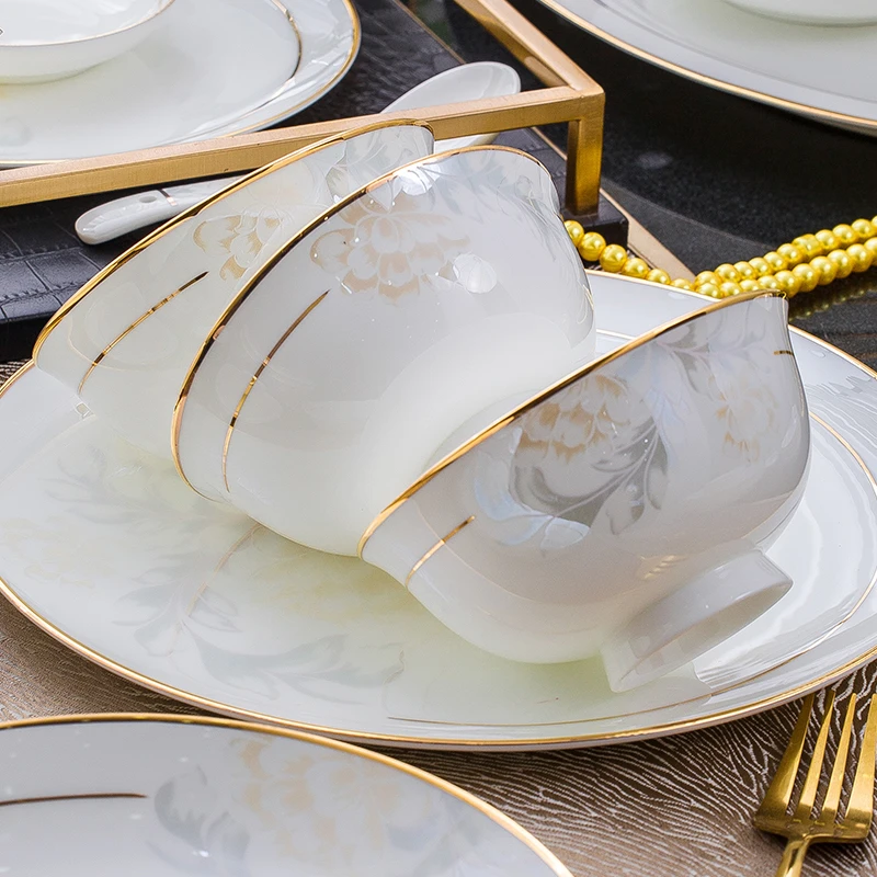 家用单品骨瓷陶瓷餐具轻奢碗碟金边骨瓷碗碗碟盘高档碗盘碟春花秋