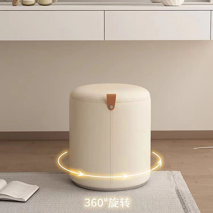 网红ins实木奶油风真皮化妆凳小矮凳茶几凳圆凳高级换鞋凳梳妆凳