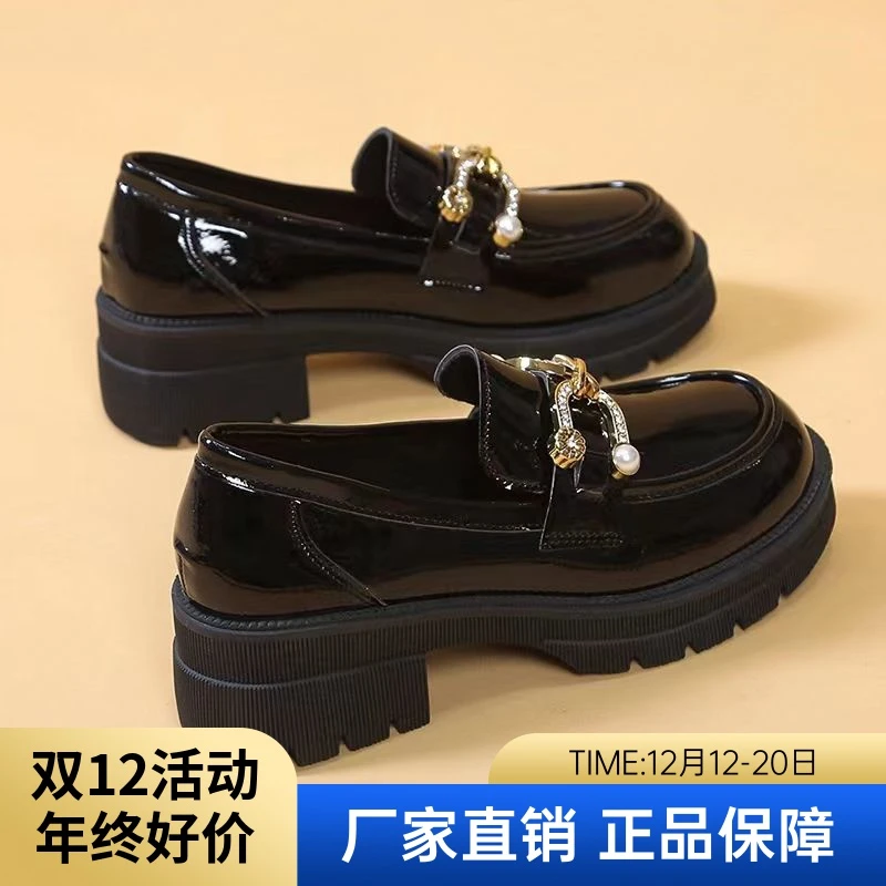 红蜻蜓牌小皮鞋女2023年秋季新款单鞋漆皮英伦风增高一脚蹬乐福鞋