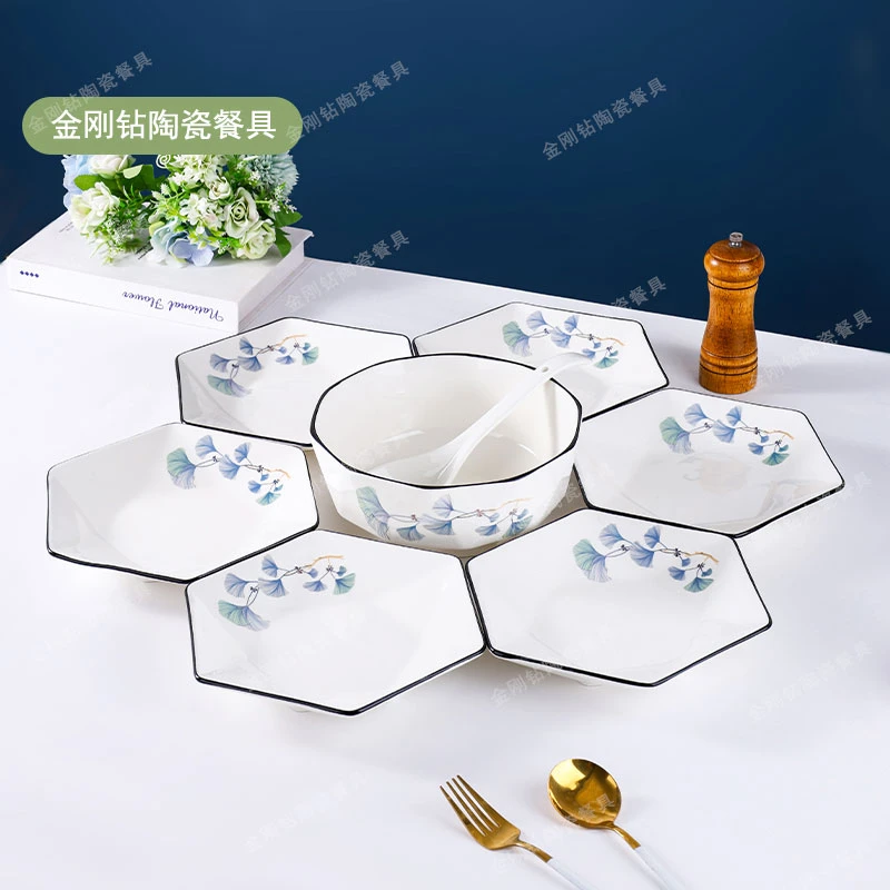 【粉丝福利】美好时光六角盘8件套高档中式碗盘碟套装釉下彩陆