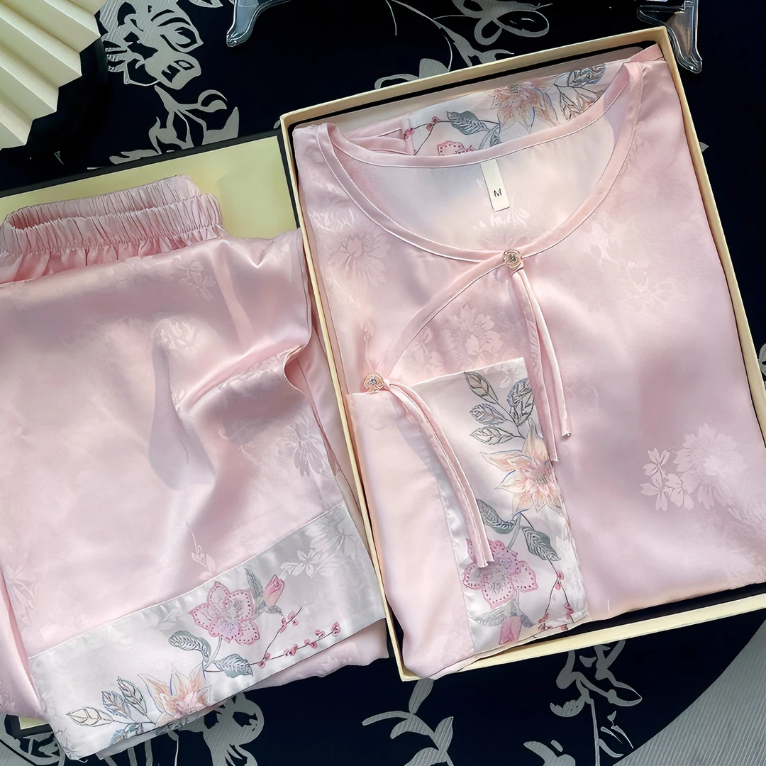 新中式国风睡衣女冰丝薄春夏季提花复古中国风七分袖家居服可外穿