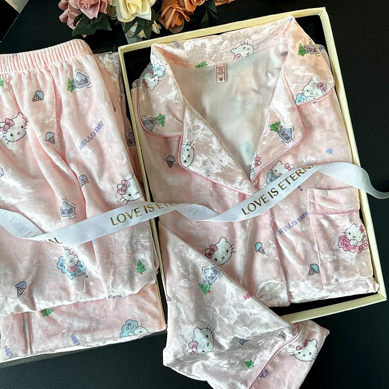 小猫金丝绒高级感睡衣女长袖秋冬保暖金钻绒家居服外穿套装