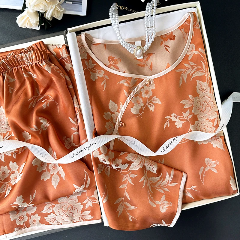 玫瑰金冰丝新中式复古睡衣女套头春秋长袖家居服夏季薄款中国风