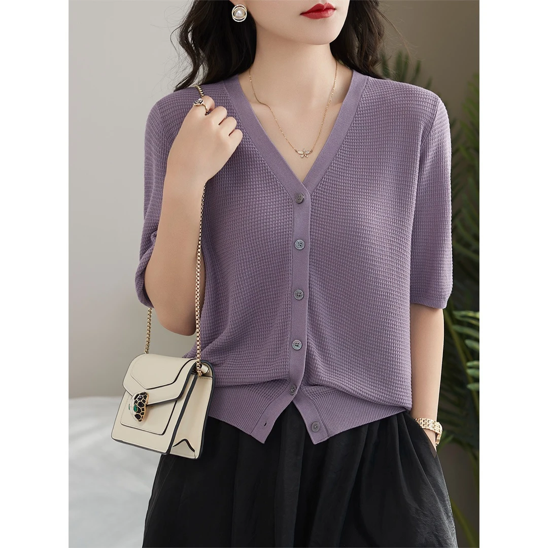 2025夏季冰丝针织开衫女V领五分泡泡袖法式薄款宽松空调衫T恤上衣