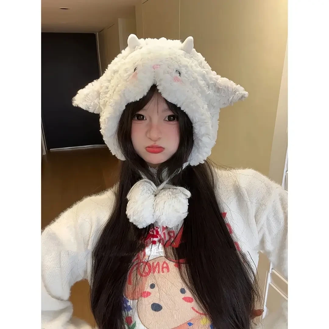 可爱小羊毛绒帽子套帽保暖可爱雷锋帽秋冬防寒护耳女学生滑雪
