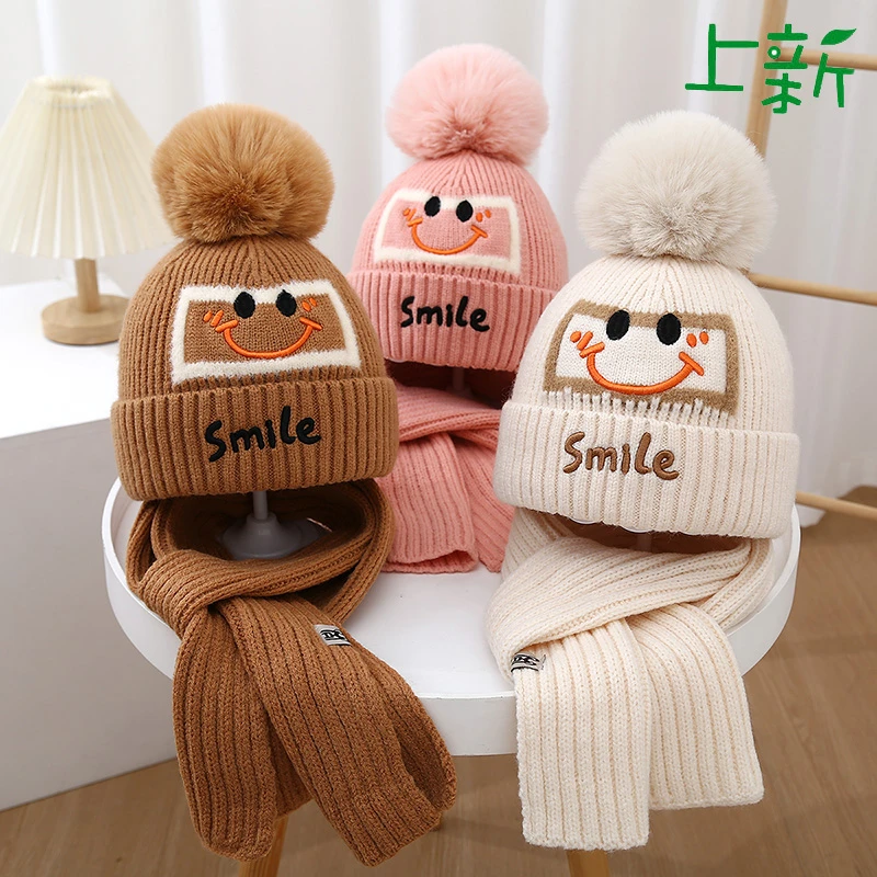 儿童毛线帽秋冬新款卡通方块笑脸宝宝保暖冬帽男女童护耳帽毛线帽