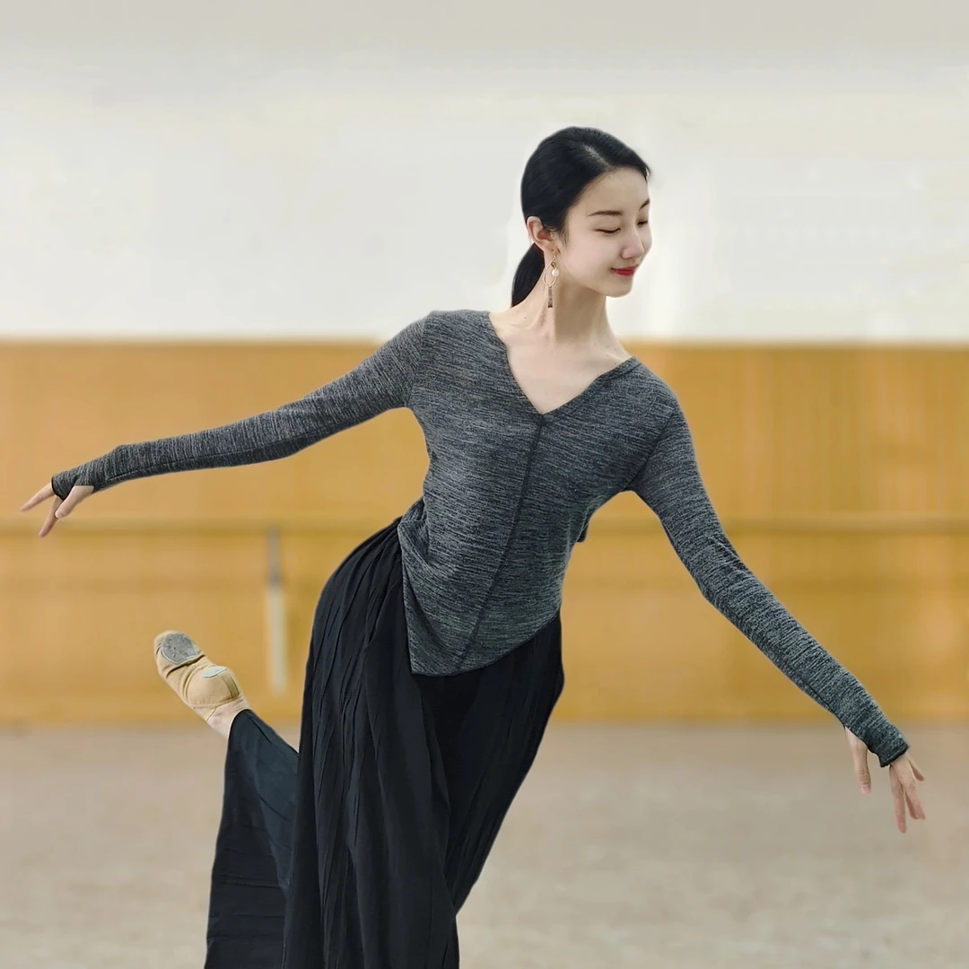 现代舞修身针织套指长袖上衣春夏女练功服中国舞舞蹈服艺考服
