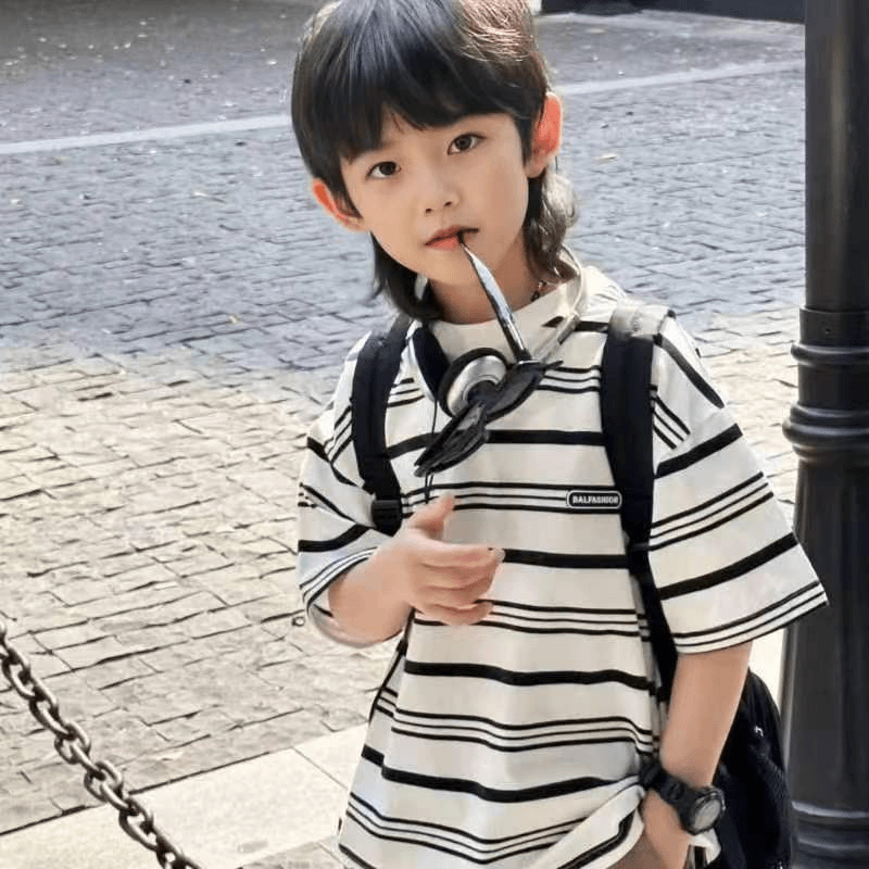 男童条纹短袖2024新款中大童夏装男童洋气t恤上衣儿童宽松半袖