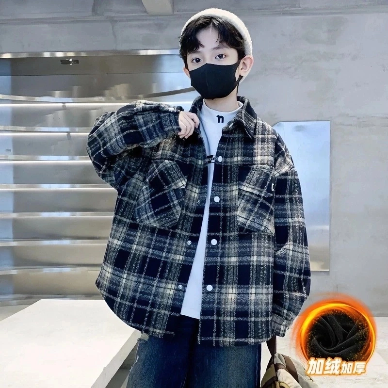 2024新款男女秋冬加绒格子衬衣中大童加绒外套