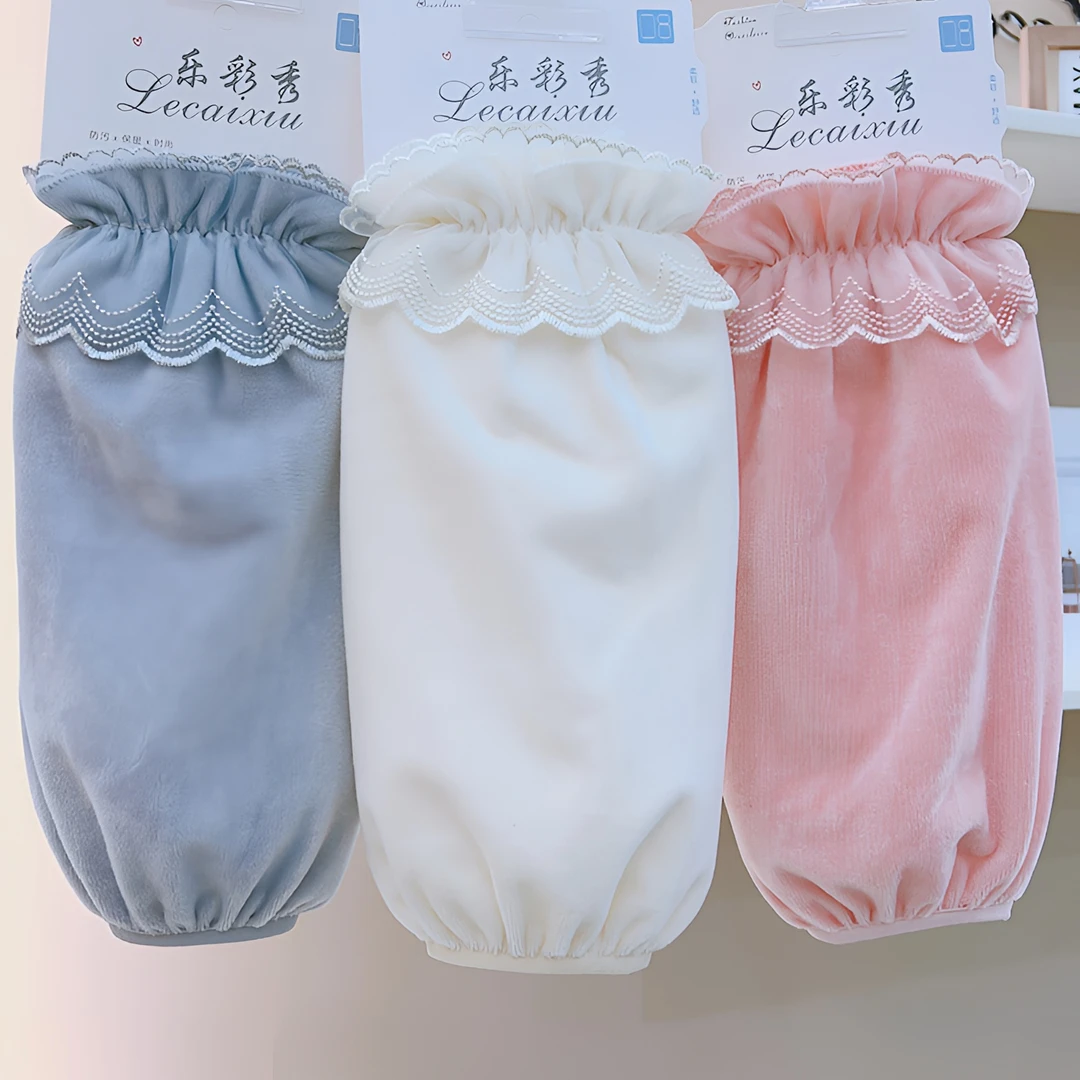 长款加宽羽绒服袖套女冬季花边蕾丝防脏袖套办公室学生防污护袖头
