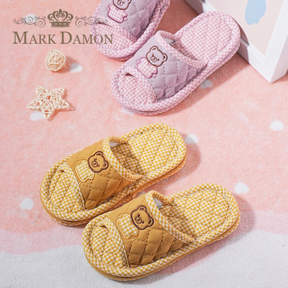 儿童新款纯棉布艺加厚三层软布底静音防滑小中大童家居室内拖鞋