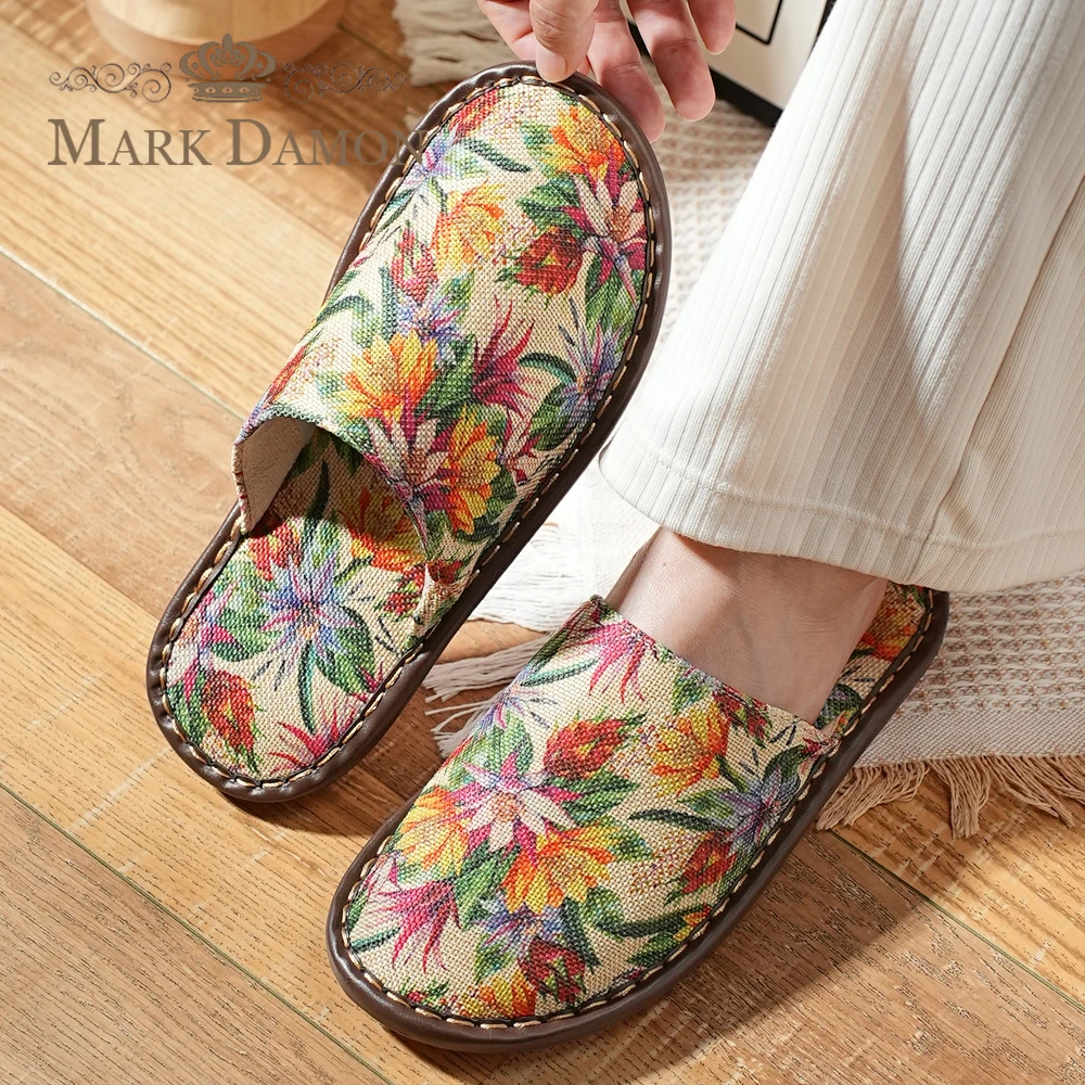 四季麻印花女士秋冬包头加厚防滑国风家居室内拖鞋包脚趾满口