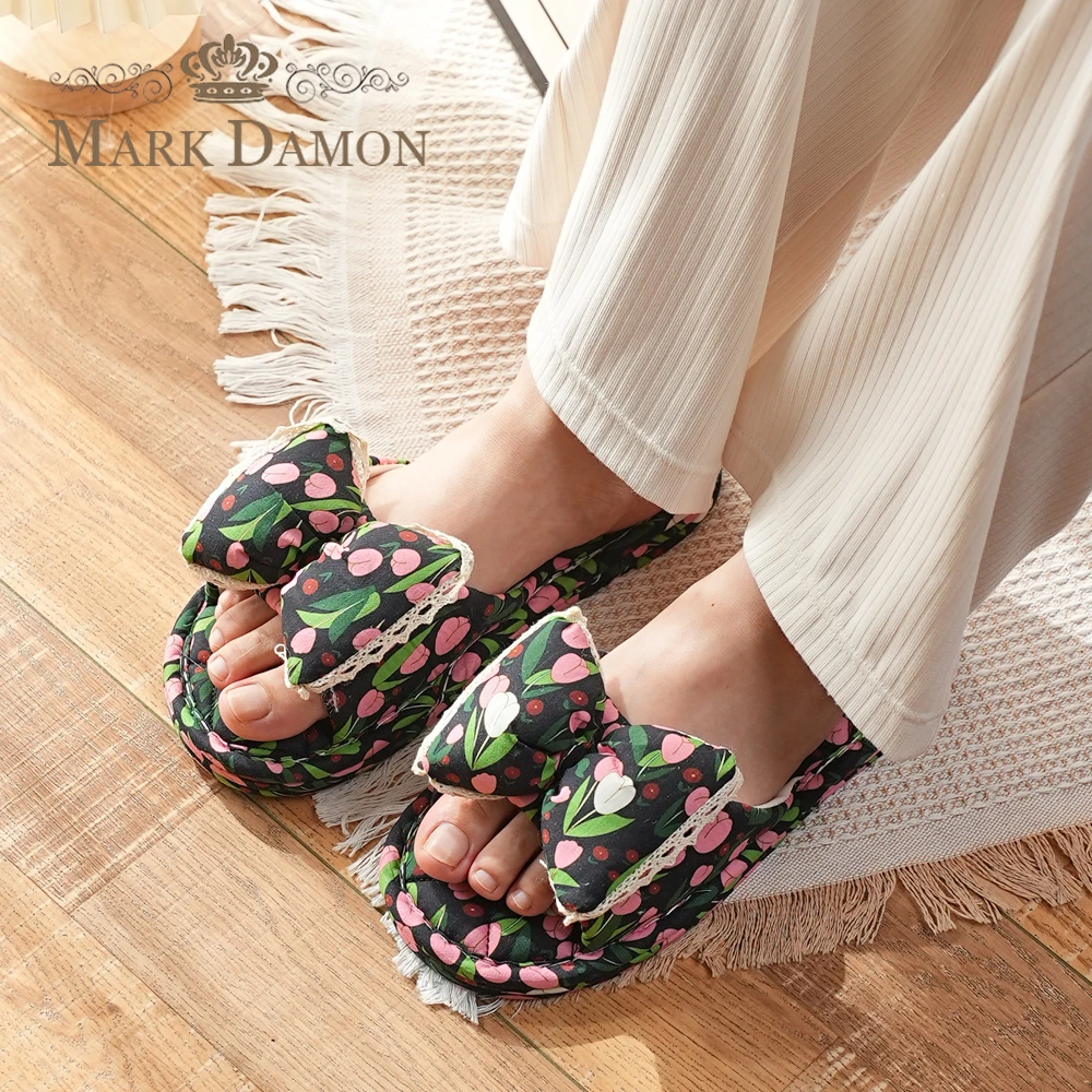 新款纯棉布艺蕾丝蝴蝶结公主女碎花三层布底静音无声地板柔软拖鞋